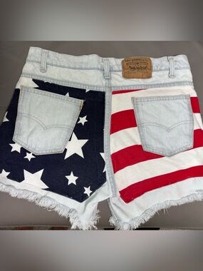 Vintage Levis USA Flag Reworked High Rise Cut Off Frayed Denim Shorts